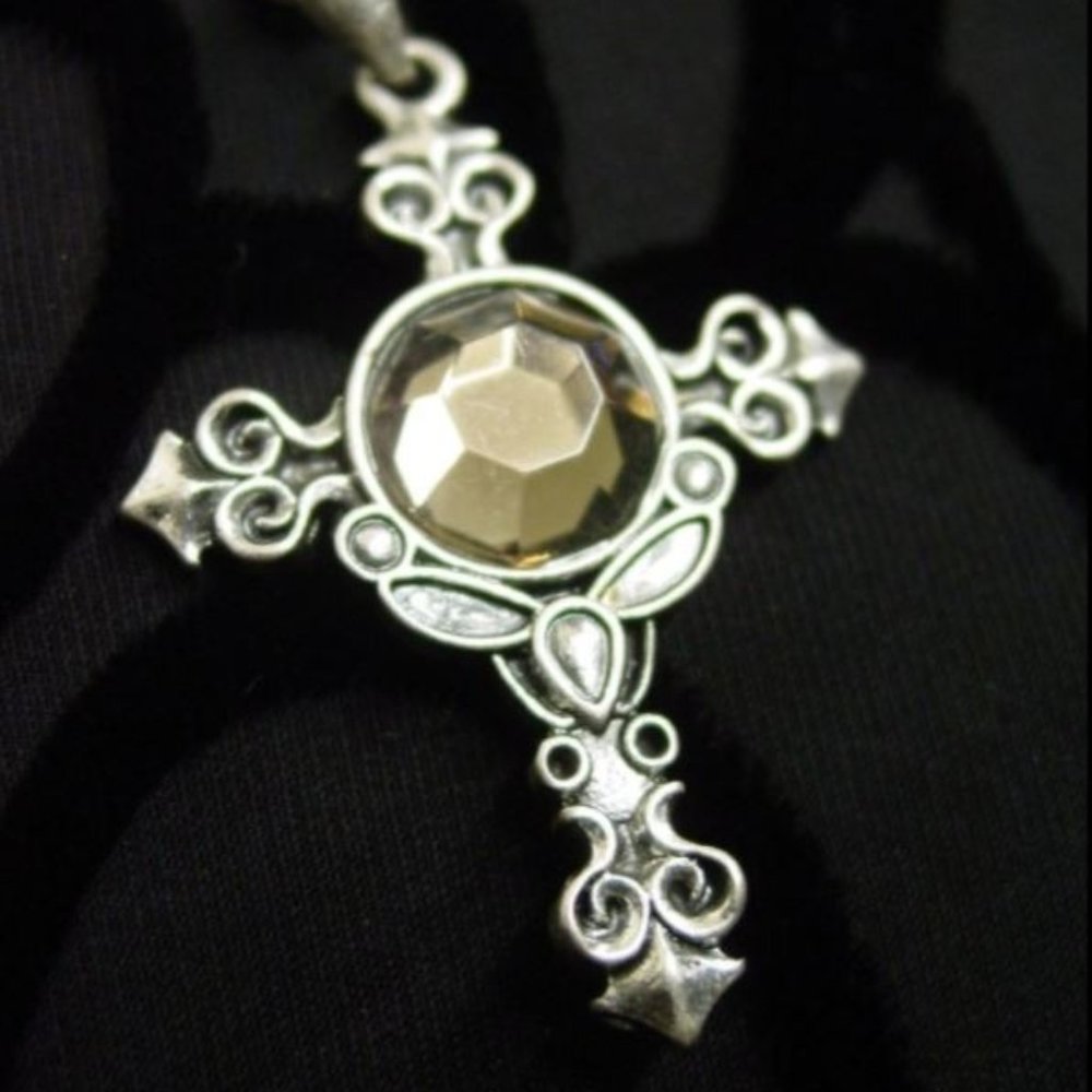 Men / Women Gothic Silver Large Cross Pendant Charm Necklace With Rhinestone